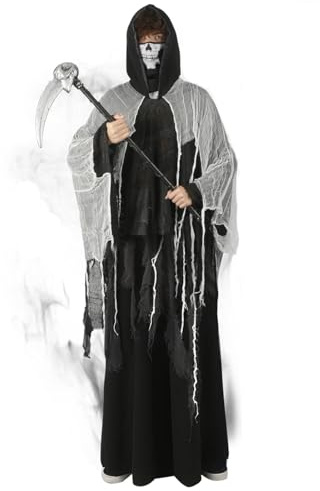 Deguisement Faucheuse Halloween Homme-Costume Faucheuse Halloween Adulte avec Déchirée Cape Capuche Squelette Masque Faucille Tatouage Halloween,Costume D'halloween Fantôme Effrayant Cosplay Carnaval
