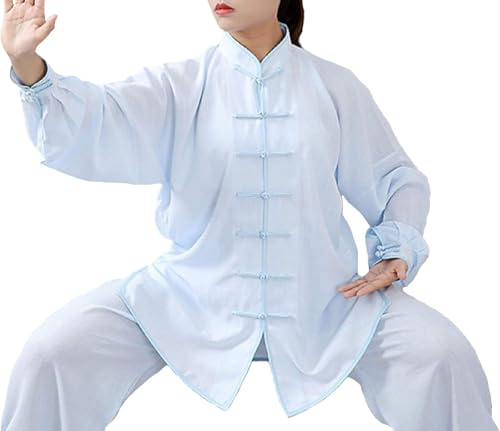 Traje De Tai Chi En Algodón Y Lino Ropa Unisex De Artes Marciales Traje De Kung Fu para Hombre Y Mujer, Light Blue/Long Sleeve, 3XL