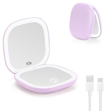 Collazoey LED Miroir Grossissant, 1X/10X Miroir de Poche Chargement USB, 3 Lumières Réglable, Interrupteur Magnétique Pliable de Maquillage, Portable Grossissant de Voyage (Violet)