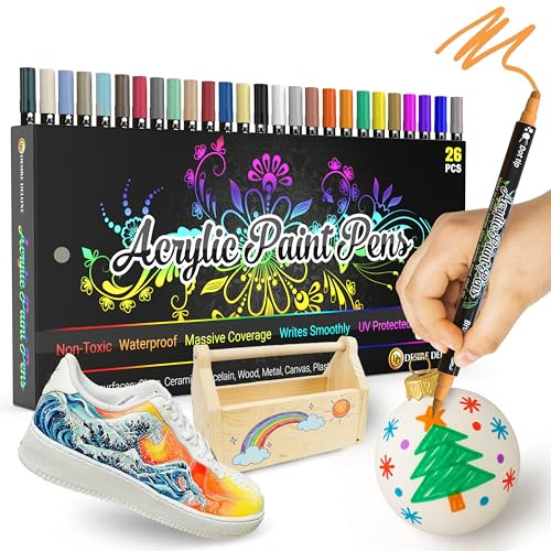 Desire Deluxe Pennarelli a Vernice Acrilica per Sassi, Ceramica, Vetro, Legno – Pennarelli Atossici a Base d’Acqua – Ottimo Materiale Artistico per Pittori e Creativi (Doppia Punta Multicolore, 26)