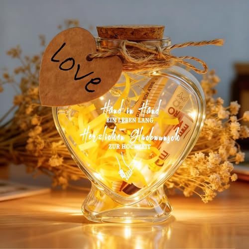 Hochzeitsgeschenke Geld Leuchtflasche, Herzförmige LED Flaschenlich mit Korken, Hochzeitsgeschenke für Brautpaar, Hand in Hand Geldgeschenke Hochzeit Hochzeitskasse Spardose
