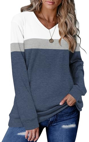 KISSMODA Womens Sweatshirts Long Sleeve V Neck Pullover Casual Loose Trendy Tunic Tops Fall Jumpers Shirts