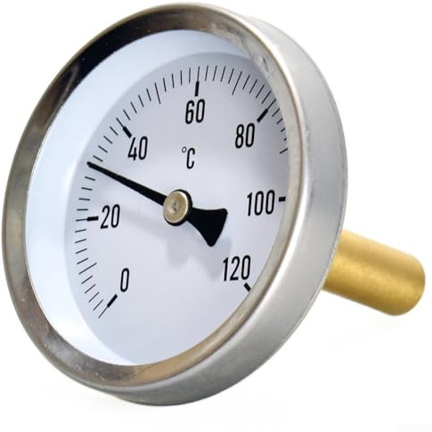 Bimetall-Thermometer mit Zifferblatt 0 bis 120 Grad Celsius mit Edelstahlgehäuse und Messinghülse zum Eintauchen in Kessel und Heizgeräte