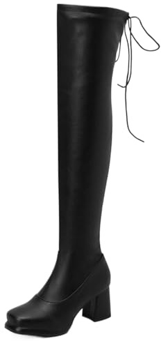 Mo Joc Stivali sopra il ginocchio da donna, punta quadrata, tacco a blocco 7 cm e altezza gambale 55 cm, chiusura lampo interna, suola antiscivolo, fodera morbida, Nero , 45 EU