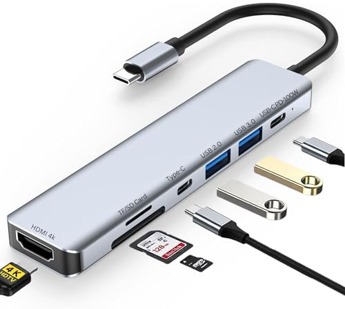 MacBook USB-C Hub 7-in-1 Multiport Adapter with 4K HDMI, 100W PD Charging, USB 3.0 & USB 2.0, SD/TF Card Reader, Aluminum Type-C Dock Compatible with Pro/Air, Chromebook, Dell, HP & USB-C Devices