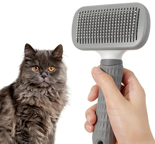 Haustierbürste für Hunde und Katzen, Selbstreinigende Fellbürste mit Ergonomischem Griff, Grau, Edelstahlborsten, für Kurzhaar und Langhaar
