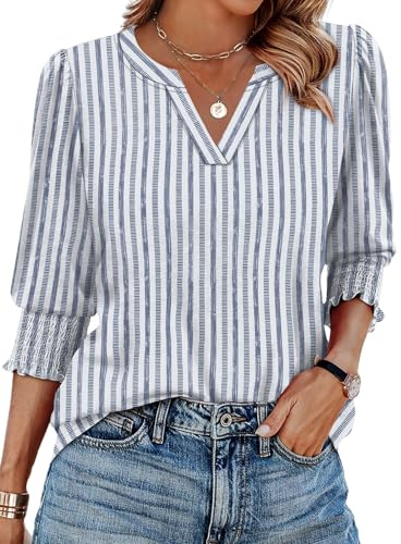Aokosor Womens 3/4 Sleeve Tops Ladies Blouses V Neck T Shirts Puff Sleeve Tunic Smocked Cuff Curved Hem Office Wear