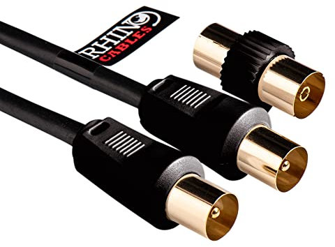 rhinocables Coaxial TV Aerial Cable with Gold-Plated Connectors | Male to Male RF Coax Lead with Female Adapter | Universally Compatible Fly Lead for HD/Standard TVs & Satellite Receivers (1.8m,Black)