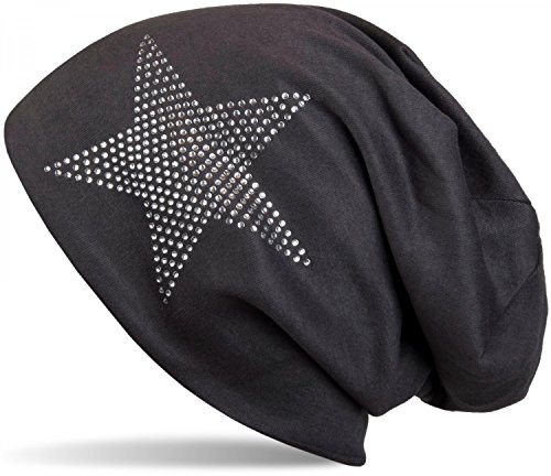styleBREAKER Beanie Strass Stern Baumwollmix warm 59cm | Slouch Design. Glitzer Applikation. Bundweite 26cm. Höhe 26cm. elastisch. weiche Haptik. warme Qualität. Einheitsgröße.