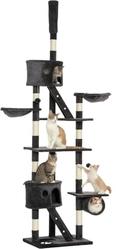 PawHut Kratzbaum Deckenhoch Höhe 240-260 cm für Große Katzen Dunkelgrau | Katzenbaum, Plüschbälle, Katzenhöhle, Hängematte, Sisalstämme, Plattformen, Mehrstöckiger Katzenkratzbaum, Kletterbaum