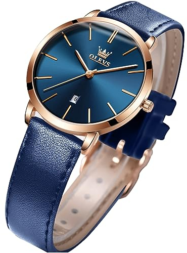 OLEVS Womens Watches for Ladies Female Wrist Watch Navy Blue Dial Leather Band Waterproof Thin Minimalist Fashion Casual Simple Dress Quartz Analog Classic Gifts with Date Calendar Rose Gold