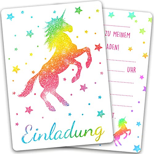 Gentle North 15 x Einhorn Glitzer Einladungskarten Geburtstag Kinder - Größe A6 - Coole Einladung zum Kindergeburtstag für Mädchen und Jungen - Witzige Einladungskarte - Glitzerlack