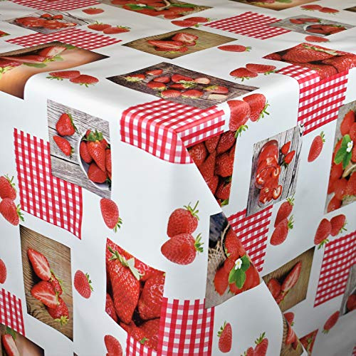 KEVKUS Wachstuch Tischdecke Meterware C144481 Erdbeeren auf Holz rot kariert wählbar in eckig rund oval (Rand: Schnittkante (ohne Einfassung), 100 x 140 cm eckig)