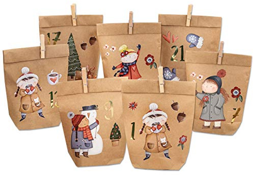 Papierdrachen Adventskalender 2025 zum Befüllen- 24 braune Papiertüten mit Eisläuferin-Stickern - inkl. Klammern und Zahlenstickern - Weihnachten