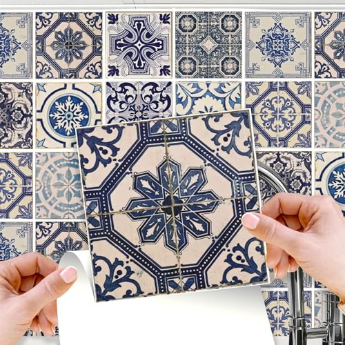 WALPLUS Malaga Spanish Blue Tile Stickers 15 x 15 cm, 48 PCS Peel and Stick Self Adhesive Wall Tiles, Waterproof Kitchen Bathroom Splashback Decals