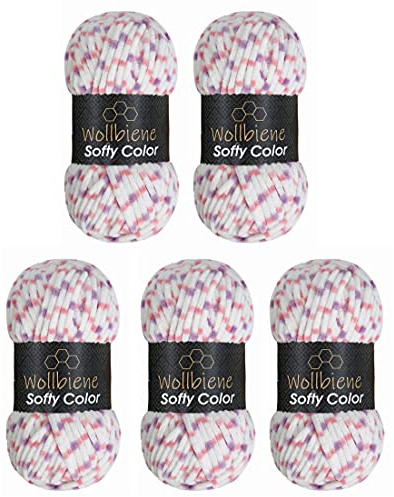 Wollbiene Softy Color 5 x 100 Gramm Chenillewolle Strickwolle, Babywolle, 500 Gramm Wolle Super Bulky (weiß-rosa-lila 112)