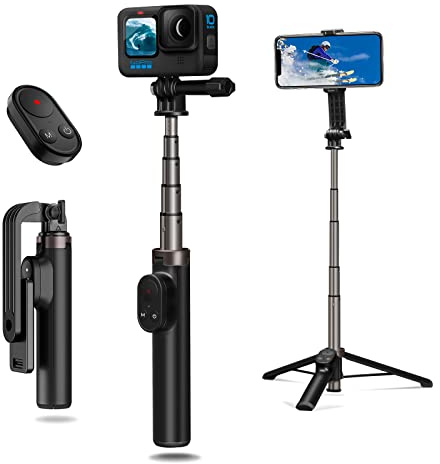 AFAITH Ausziehbares Selfie-Stick-Stativ mit Fernbedienung für GoPro Hero 12/11/10/9/8 und Smartphone, stabiles tragbares Pole-Einbeinstativ mit kabelloser Bluetooth-Fernbedienung für GoPro und Handy