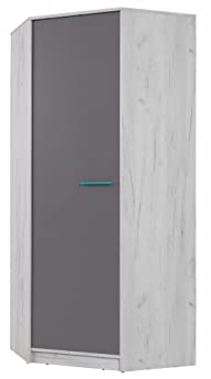 Furniture24 Eckkleiderschrank Rest R14 Drehtürenschrank 1 türiger mit 2 Kleiderstangen 4 Einlegeboden Schrank Eckschrank Craft Eiche/Aschgrau/Türkis