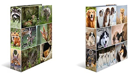 HERMA 7202 Ordner DIN A4 Tierwelten Waldtiere, 7 cm breit, stabiler Karton, farbiger Außen- und Innendruck im hochwertigen Design & 7165 Ordner DIN A4 Tiere Animals Hunde, 7 cm breit