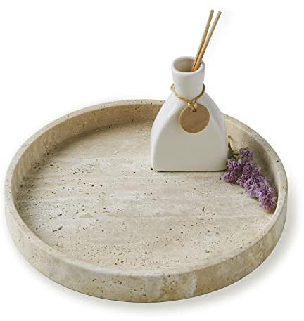PHINILUX Vassoio rotondo in marmo travertino, vassoio ottomano minimalista moderno decorativo e piatto da portata per frutta, per bagno, cucina, comodino, tavolino da caffè, anello per gioielli