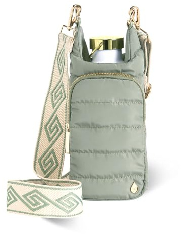 WanderFull® Original HydroBag®, Fits Up to 32 oz Water Bottle Holder with Strap, Hands-Free Crossbody, Water Bottle Carrier Bag with Phone Pocket - Sage Green w/Patterned Strap, Mother’s Day Gift