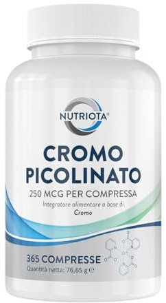 Integratore alimentare di cromo picolinato 250 mcg | 365 compresse a elevato dosaggio | Adatto per vegani | Prodotto da Nutriota