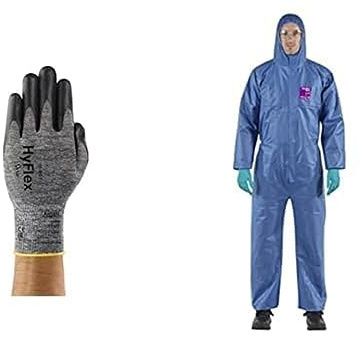Ansell HyFlex 11-801 Professionelle Arbeitshandschuhe, Schwarz, Größe XL (12 Paar) + AlphaTec 1500 Model 138 Einweg-Schutzanzug mit Kapuze, Chemikalienschutz Type 5/6Blau, Größe XL (1 Stück)