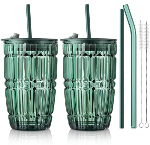 Joeyan 430 ml Grün Trinkbecher mit Deckel und Strohhalm,Geriffelte Glas Bubble Tea Becher Trinkgläser,Eiskaffee Gläser Tassen,Smoothie Saft Boba Wasser Tumbler Cup,2er Set,Spülmaschinenfest
