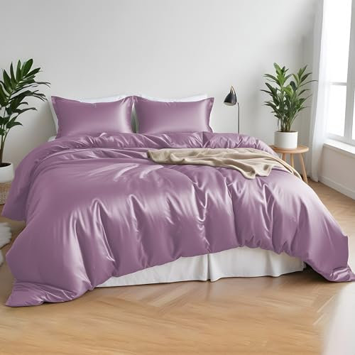 LINENWALAS 100% Organic Bamboo Core Bedding Set for Double Size Bed 4 Pcs, Soft Cooling Bamboo Silk Bedding Set Perfect for Skin 1 Duvet Cover, 1 Fitted Sheet & 2 Pillowcases (Double, Lilac)