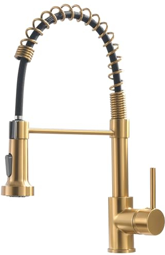 AIMADI Grifo de cocina de alta presión, grifo de cocina con bajada, grifo mezclador de cocina, giratorio 360°, color dorado cepillado