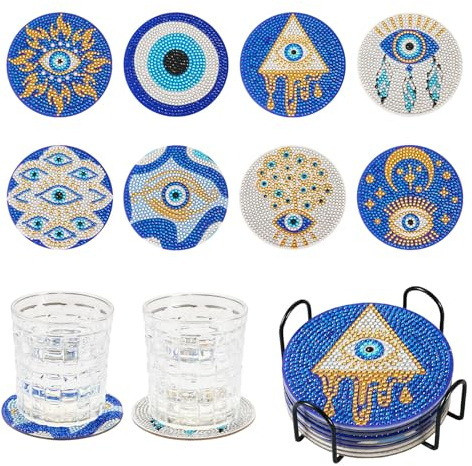 Beadthoven 8 Stück Böser Blick Diamant Malerei Untersetzer 5D DIY Diamant Kunst Tasse Matte Kits mit Werkzeugen für DIY Tasse Getränke Untersetzer Desktop Dekorationen