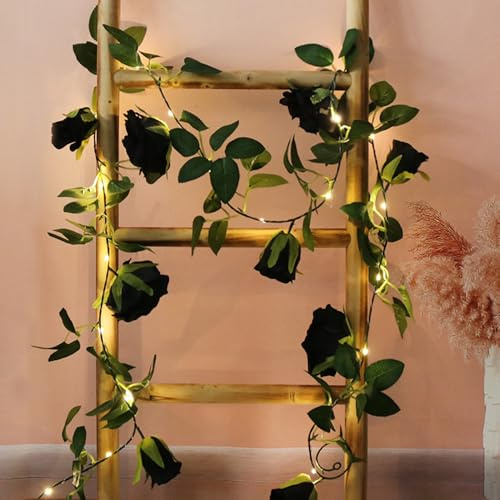 buywin Rose Garland String Lights Artificial Flower Garland with LED Light Strings, Rose Vine Lights Hanging Decor for Wedding Party Bedroom Home Window(Black)