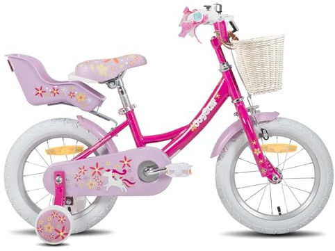 Joystar Enhörning 16 tums barncykel för 5–7-åriga flickor, barncykel med dockcykelsäte och stödhjul