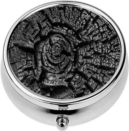 Mini Portable Pill Case Box for Purse Vitamin Medicine Metal Small Cute Travel Pill Organizer Container Holder Pocket Pharmacy Charcoal Textured Burnt Wood Annual Rings Closeup