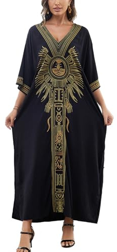 YouKD Broderad kaftan, klänning, bohemisk överdragsklänning för bikini, rock, stora storlekar, loungekläder för kvinnor, Jsvart, one size