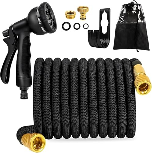 FASCINATDECO Flexibler Gartenschlauch mit 8 Funktion 23m, Wasserschlauch flexibel mit 3-Fach Latexkern inkl. Vollmessing Adapter für 1/2' 3/4' Zoll und Wandhalterung, dehnbarer flexiSchlauch