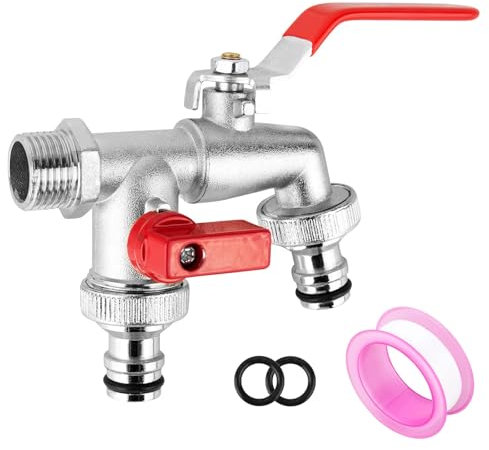Trendecor Wasserhahn Garten Doppel Auslaufhahn 1/2 Zoll & 3/4 Zoll Kugelhahn Doppelwasserhahn aus Messing mit 2 * Gratis Schlauchanschlüsse1*Rollendichtband, Doppelanschluss und Schlauchtülle