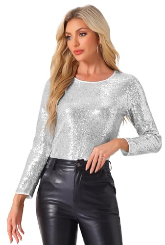 Allegra K Donna Top da Sera con Paillettes Eleganti A Maniche Lunghe Maglia con Paillettes Camicetta con Brillantini da Party Argento S