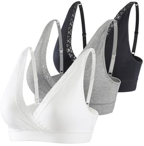 COLOMI Maternity Nursing Bra Wirefree Cotton Breastfeeding Bra for Sleep Lace Maternity Bralette (M, Black+Grey+White)