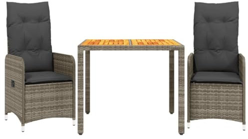 vidaXL Garten Bistroset 3-TLG., Balkonset mit Kissen, Gartenmöbel Tisch 2 Verstellbare Stühle, Balkonmöbel Sitzgruppe Gartengarnitur, Grau Poly Rattan