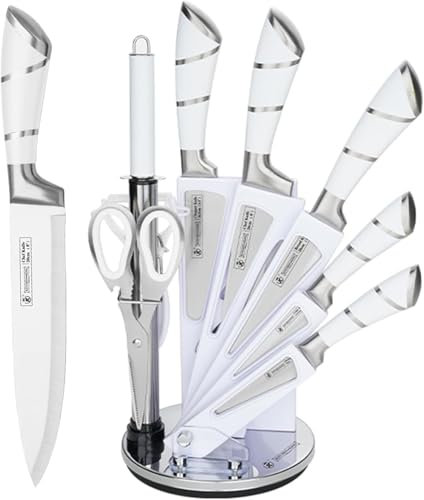 Kitchen Knife Set, 9-Piece White Sharp Non-Stick Coated Chef Knives Block Set,Stainless Steel Knife Set for Kitchen with Sharpener for Cutting Slicing Dicing Chopping (White)