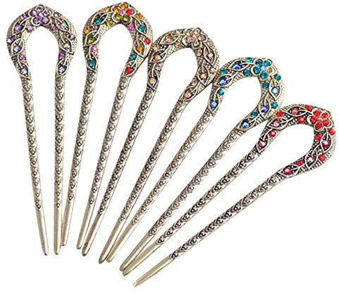 Healeved 5pièces Épingles à Cheveux Métal Forme u Avec Strass Accessoires Cheveux Chignons Vintage Pour Femme Bâtonnets Décoratifs Double Fourche Bijoux Tête Mariage Et Usage Quotidien