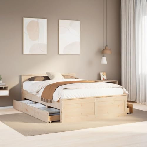 IKAYAA Massivholzbett 140x200 mit Stauraum Bett mit Schubladen Stauraumbett mit Kopfteil Bett 140x200 mit lattenrost-Natur-140 x 200 cm