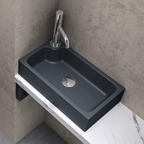 doporro Lavandino Bagno da Appoggio Lavabo ad Angolo Rettangolare con Foro Rubinetto e Vasca a Destra, Design Moderno in Marmo Resina con Nano Rivestimento 46x26x11cm Antracite Opaco, Colossum101