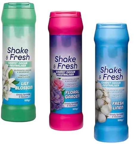Carpet Deodorizer Powder Freshener and Odour Neutraliser Set of 3 Assorted Scents (Fresh Linen, Lily Blossom, Floral Garden), 500g Each