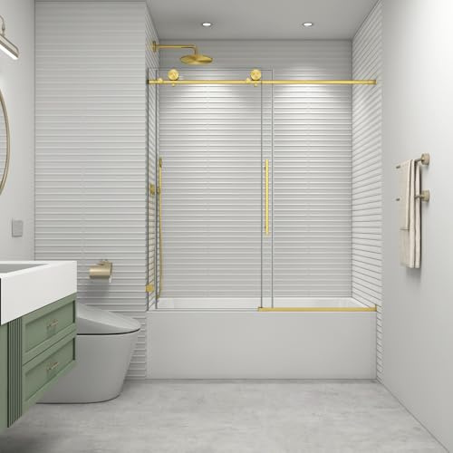 EPXMKX 55-60 W x 63 H Soft Closing Sliding Bathtub Shower Doors,Water Repellent Frameless Tub Shower Door,5/16 (8mm) Transparent Glass,Nano Explosion-Proof Film (Brushed Gold 60 Wx63)