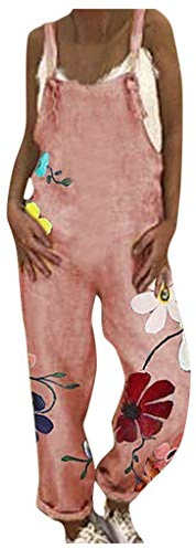 Hängselbyxor dam, boho sommar bomull linne jumpsuit retro tryck ledig overall arbetsbyxor kvinnor hög midja stretch långt ben byxkostym med stora fickor Hawaii sommarbyxor, Rosa34, XXL