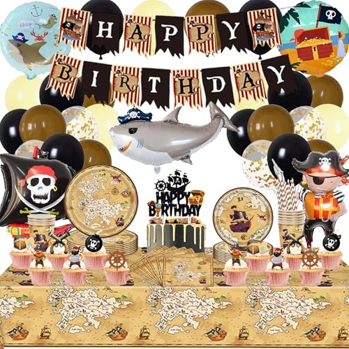 Piraten Deko Kindergeburtstag Partygeschirr Set - Pirate Geschirr Pappteller Becher Servietten Strohhalme, Piratenschiff Folienballon und Happy Birthday Girlande für Geburtstagsdeko (Braun)