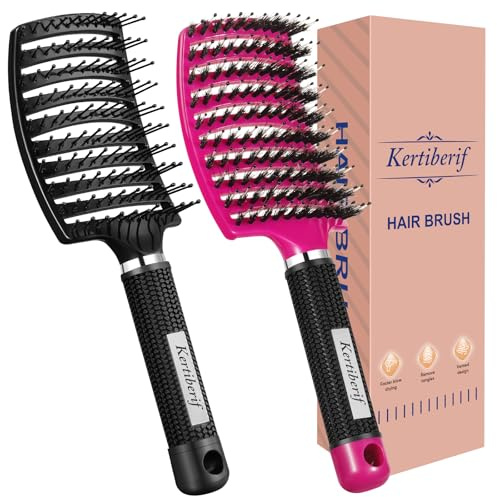 Kertiberif Curved Vented Hair Brush with Boar Bristles, Detangling Brush for Wet and Dry Hair, Paddle Hairbrush for Women Men Kids Curly Thick Fine Long Short Hair (2 Pack, Nylon & Boar Bristle)
