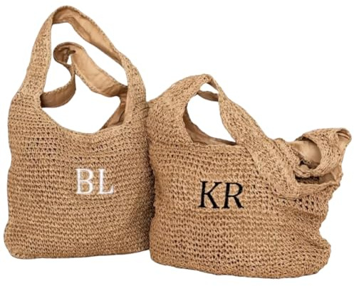 Generisch Personalisierte Stroh-Raffia-Strandtasche – mit gesticktem Namen oder Initialen – Monogramm Tote für Brautjungfern – Sommer Schulter-Shopper – Strand-Hochzeitsgeschenk